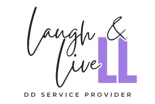 A black and purple logo for laugh & live llc.